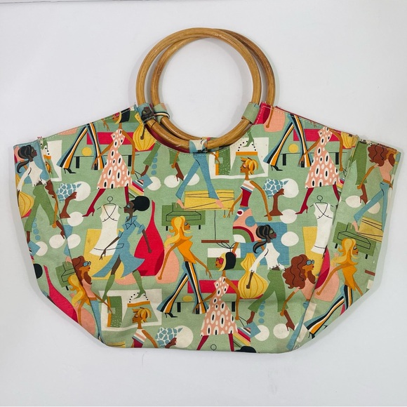 Neiman Marcus Mod Print Handbag with Bamboo Handles - Picture 5 of 10